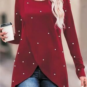 Red Pearl-Embellished Women's Top